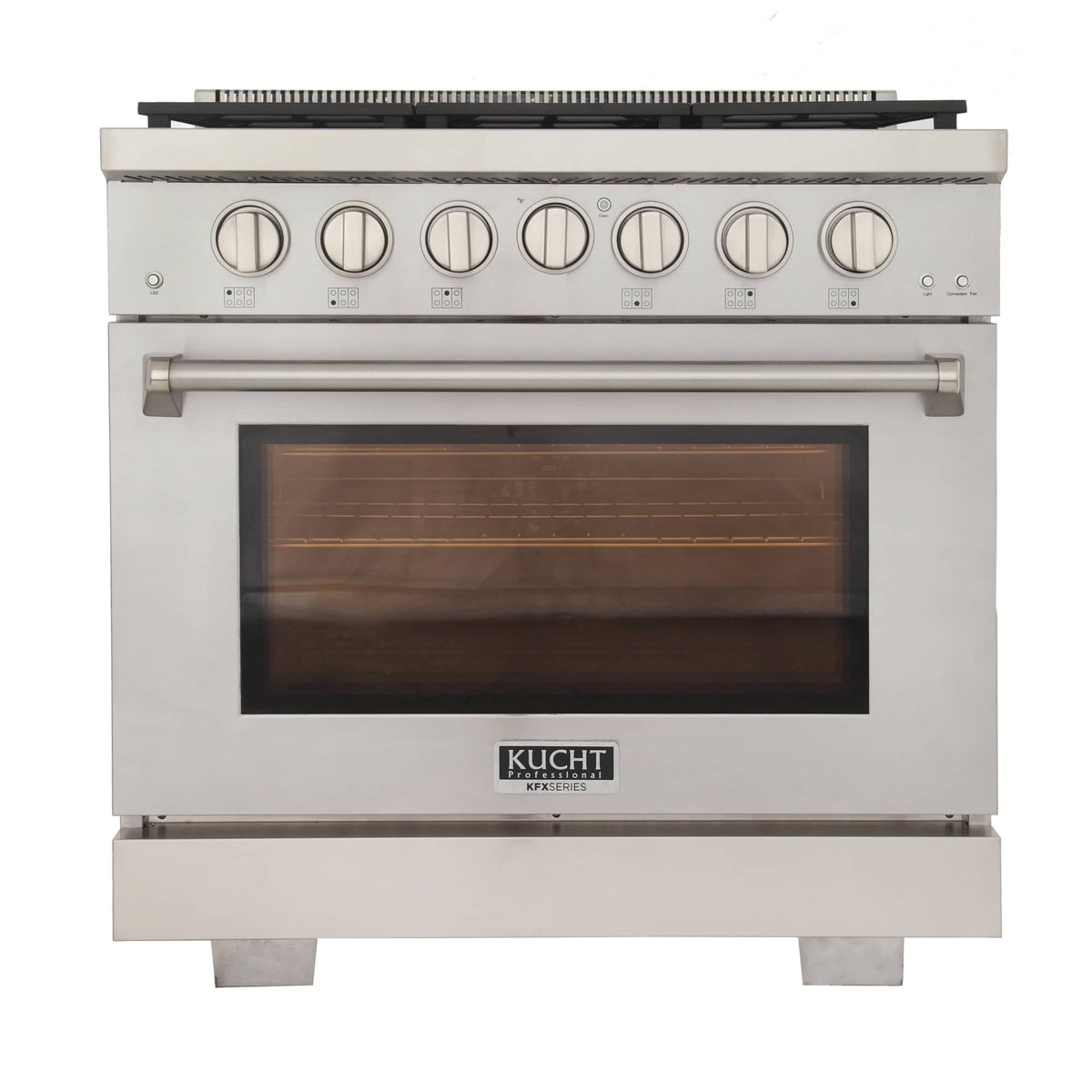 Stainless steel gas range front with oven window and control knob row