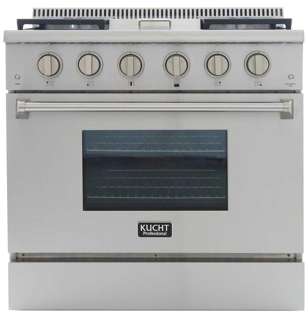 Stainless steel gas range with griddle, oven door window, and six burner knobs