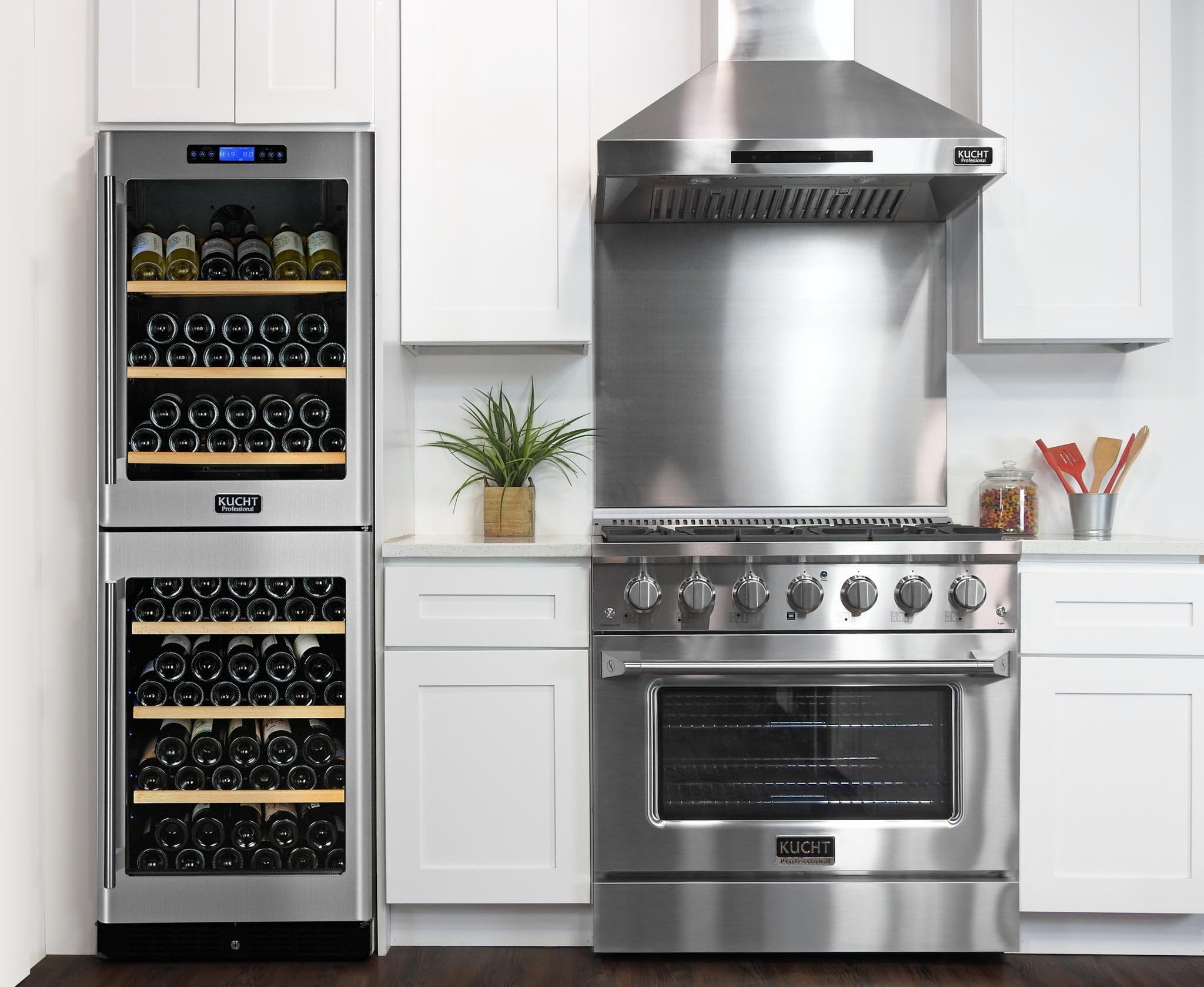 Stainless steel range with cooktop burners and oven door, installed in a kitchen