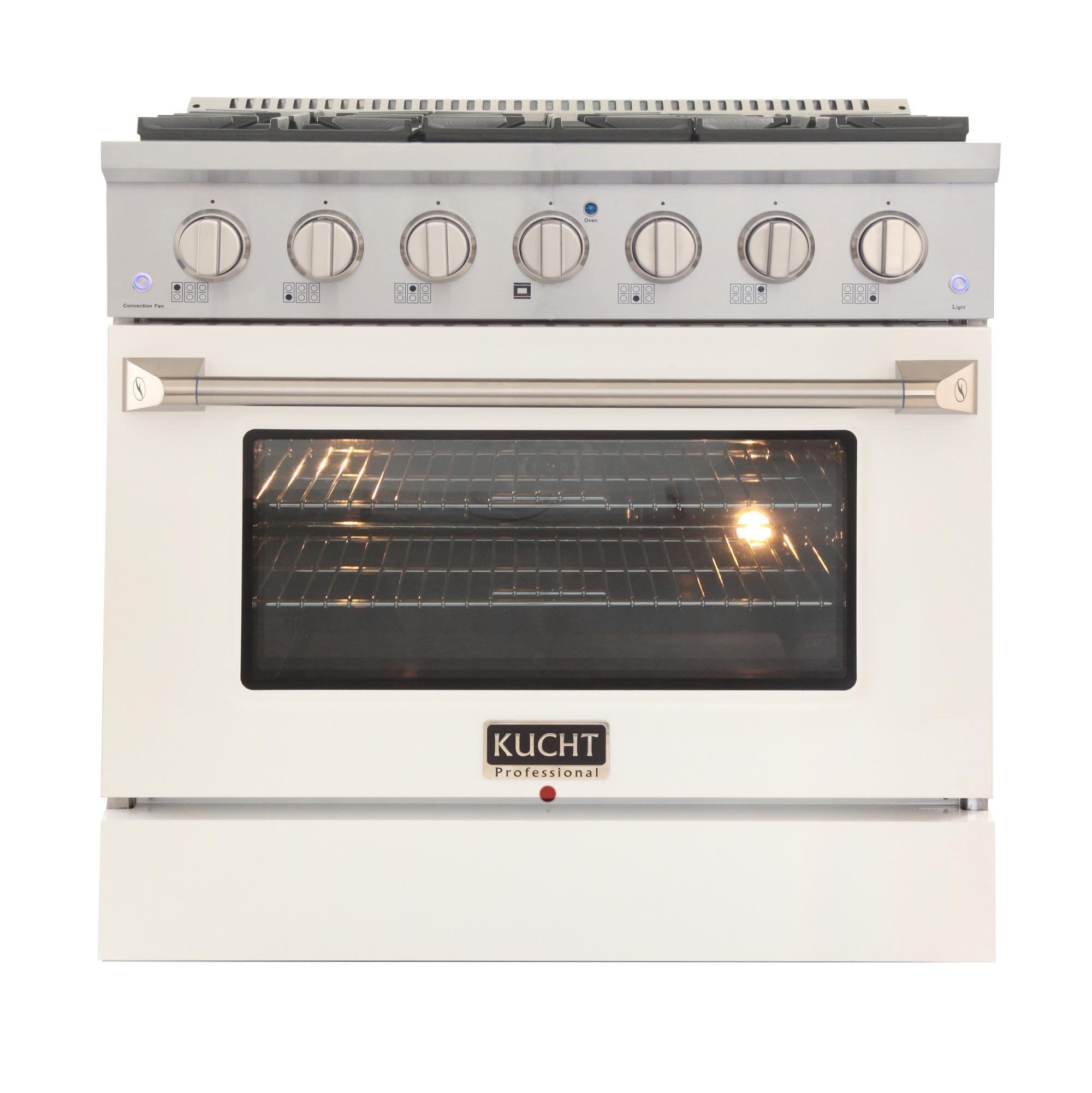 White freestanding range oven with burner controls and glass oven door
