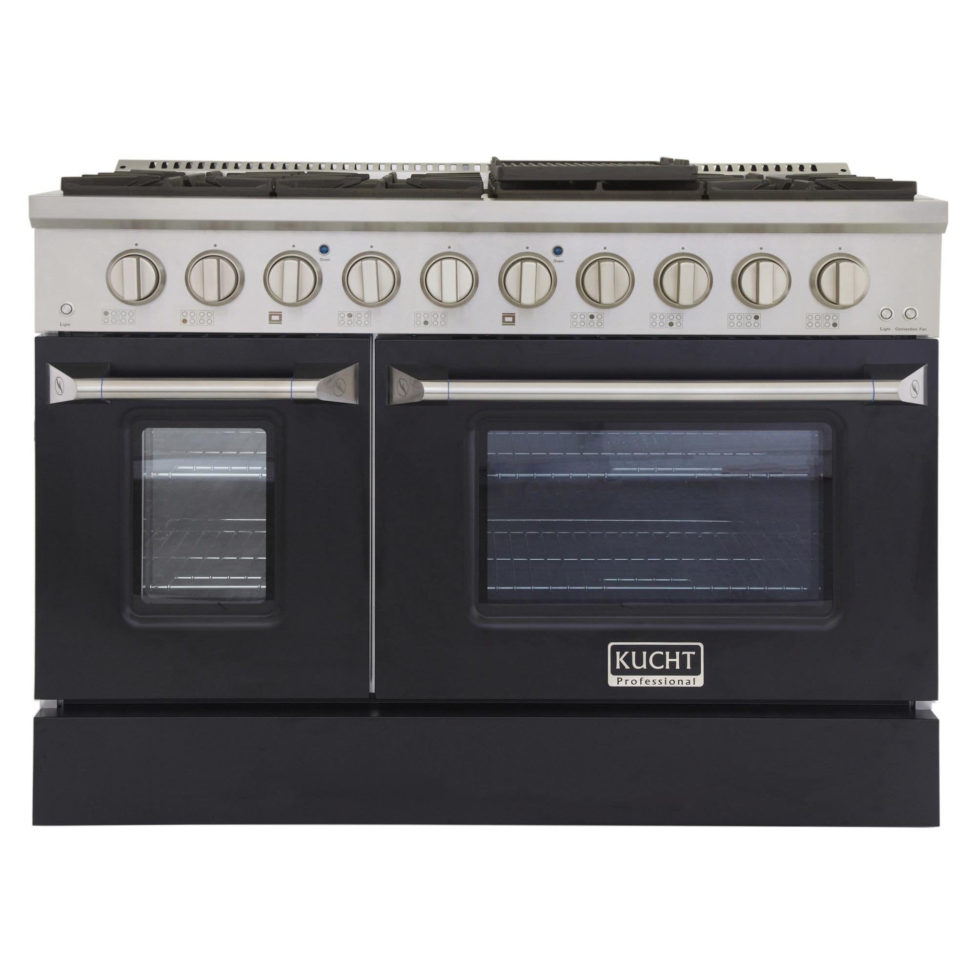 Front view of black gas range with two oven doors and stainless control knobs