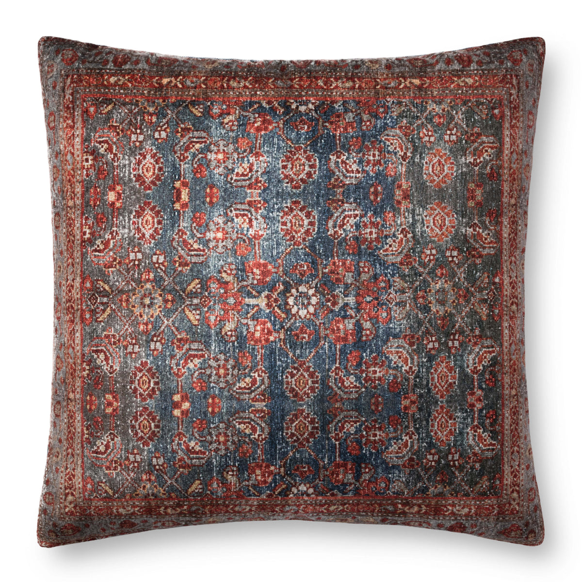 Geometric multicolor throw pillow with bordered motif and piped edge