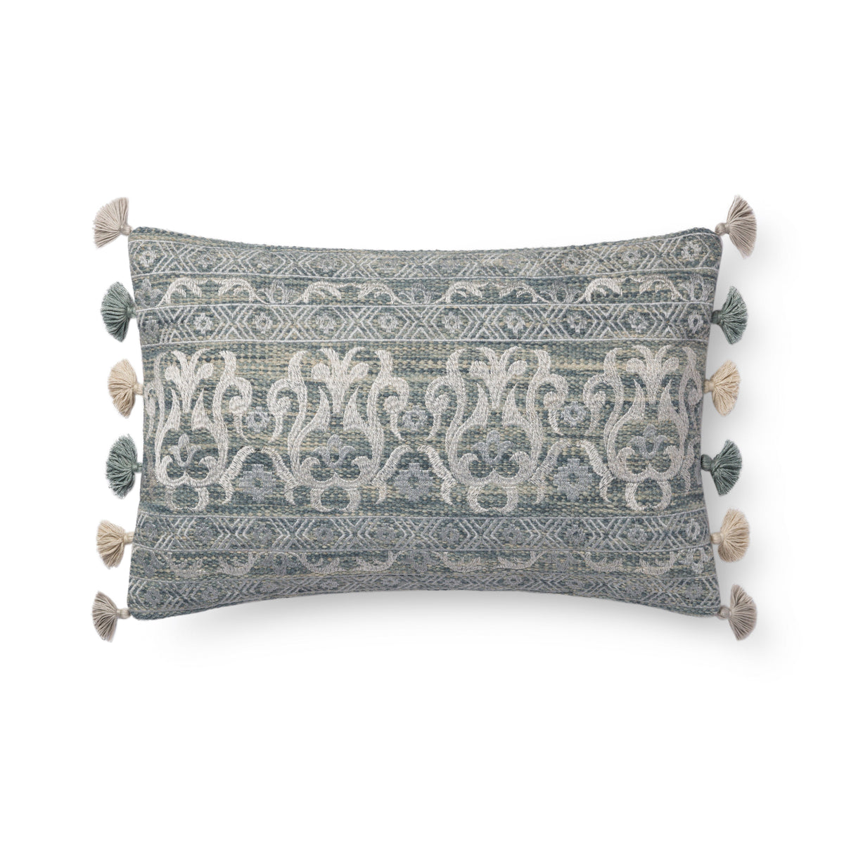 Loloi decorative throw pillow in aqua and silver with geometric pattern, tassel trim