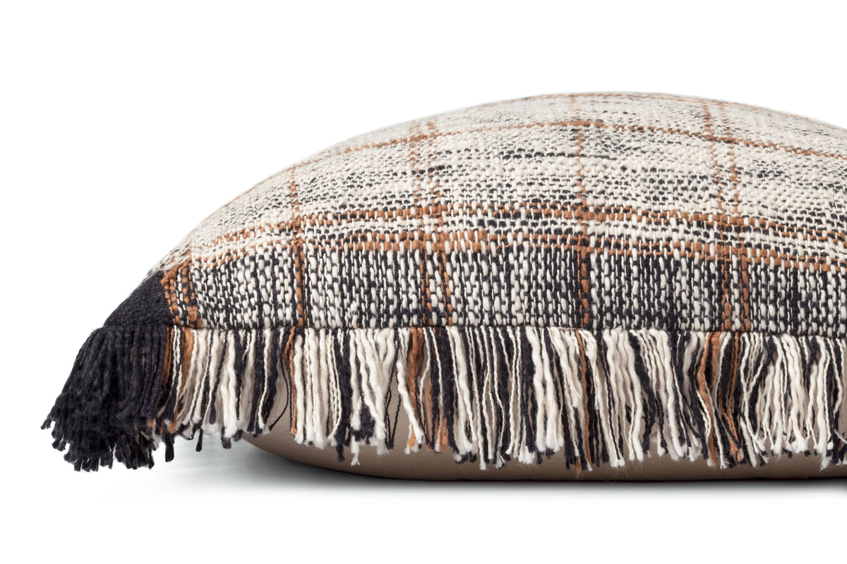Down-filled pillow with black base, natural plaid top, and fringed edge detail