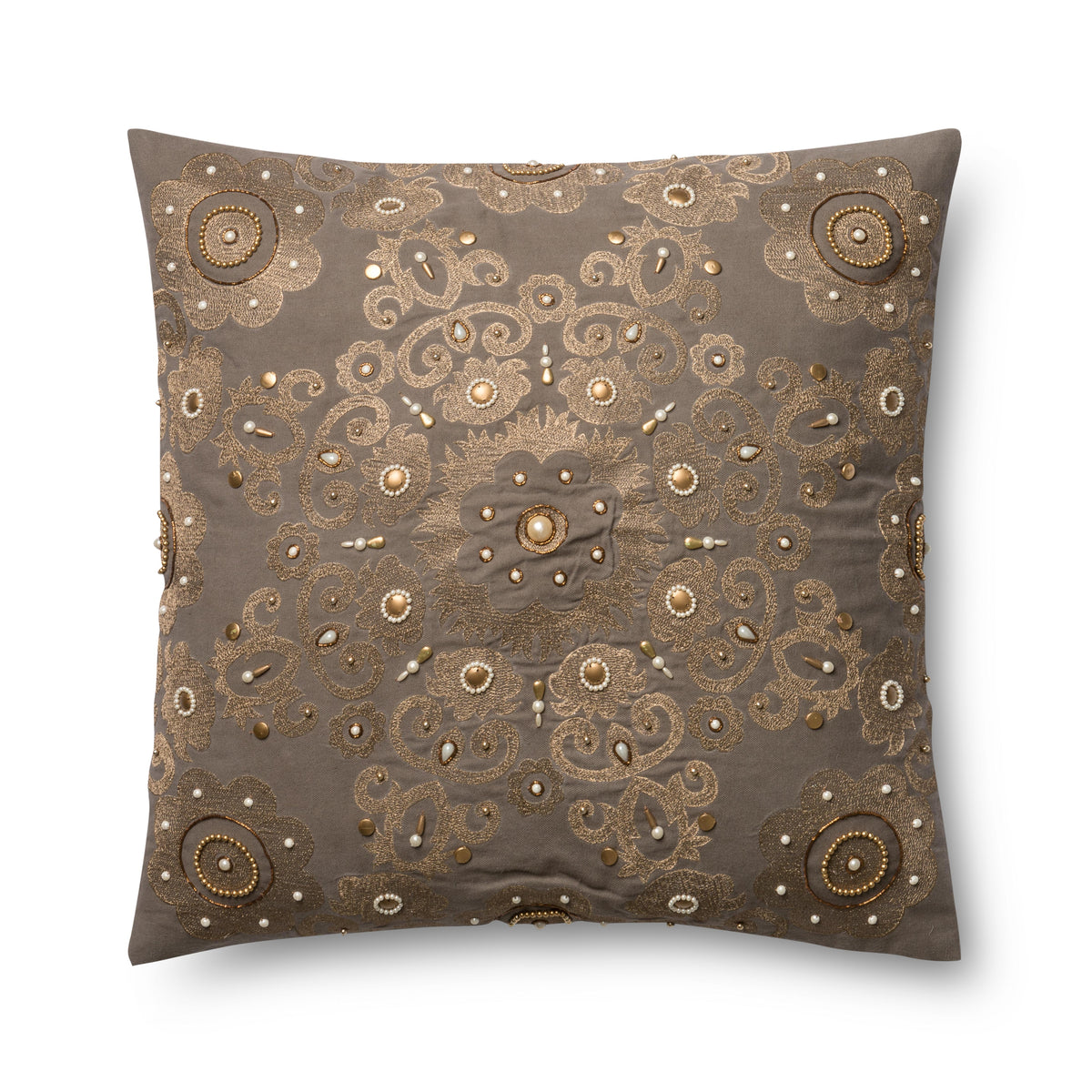 Decorative down-filled pillow cover in dark grey with gold ornamental swirl embroidery