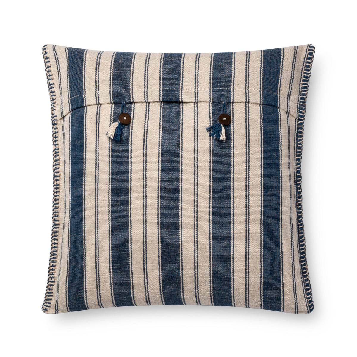 Indigo and natural striped down-filled throw pillow with tassel fringe and dark button details