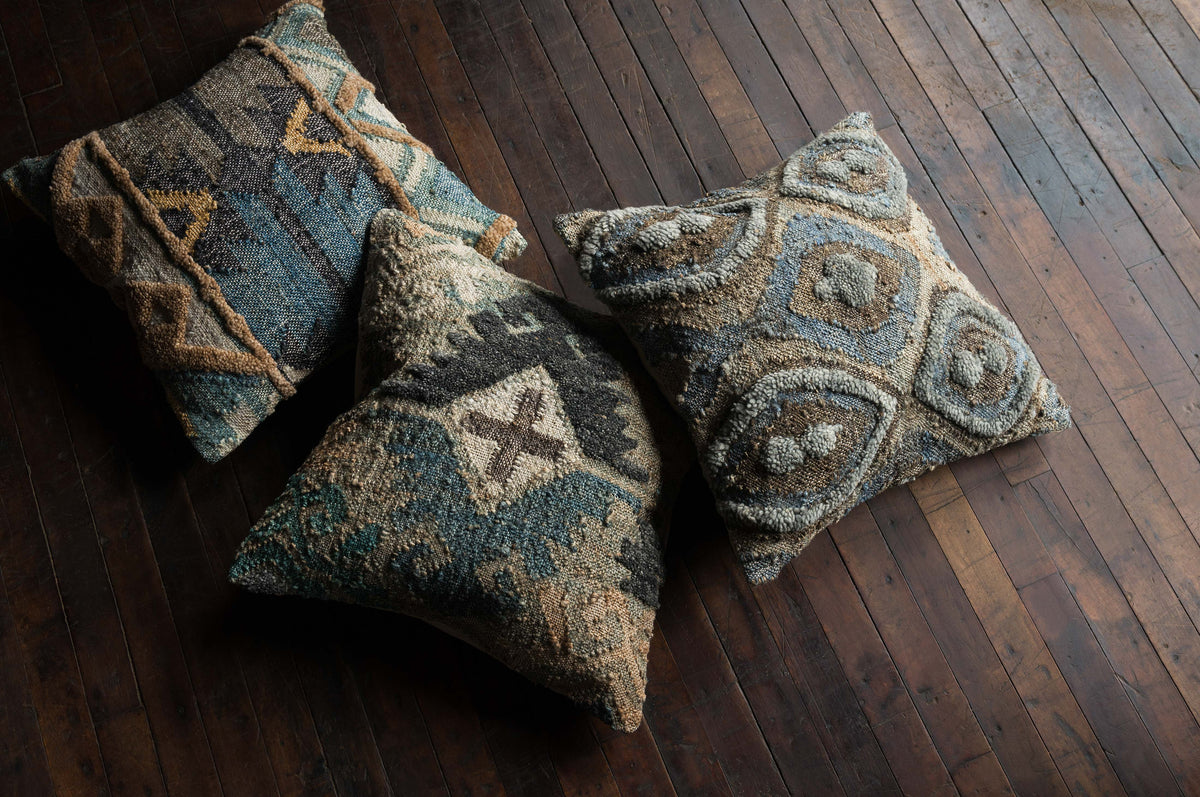 Set of two square decorative pillows with down fill, multi-color geometric pattern