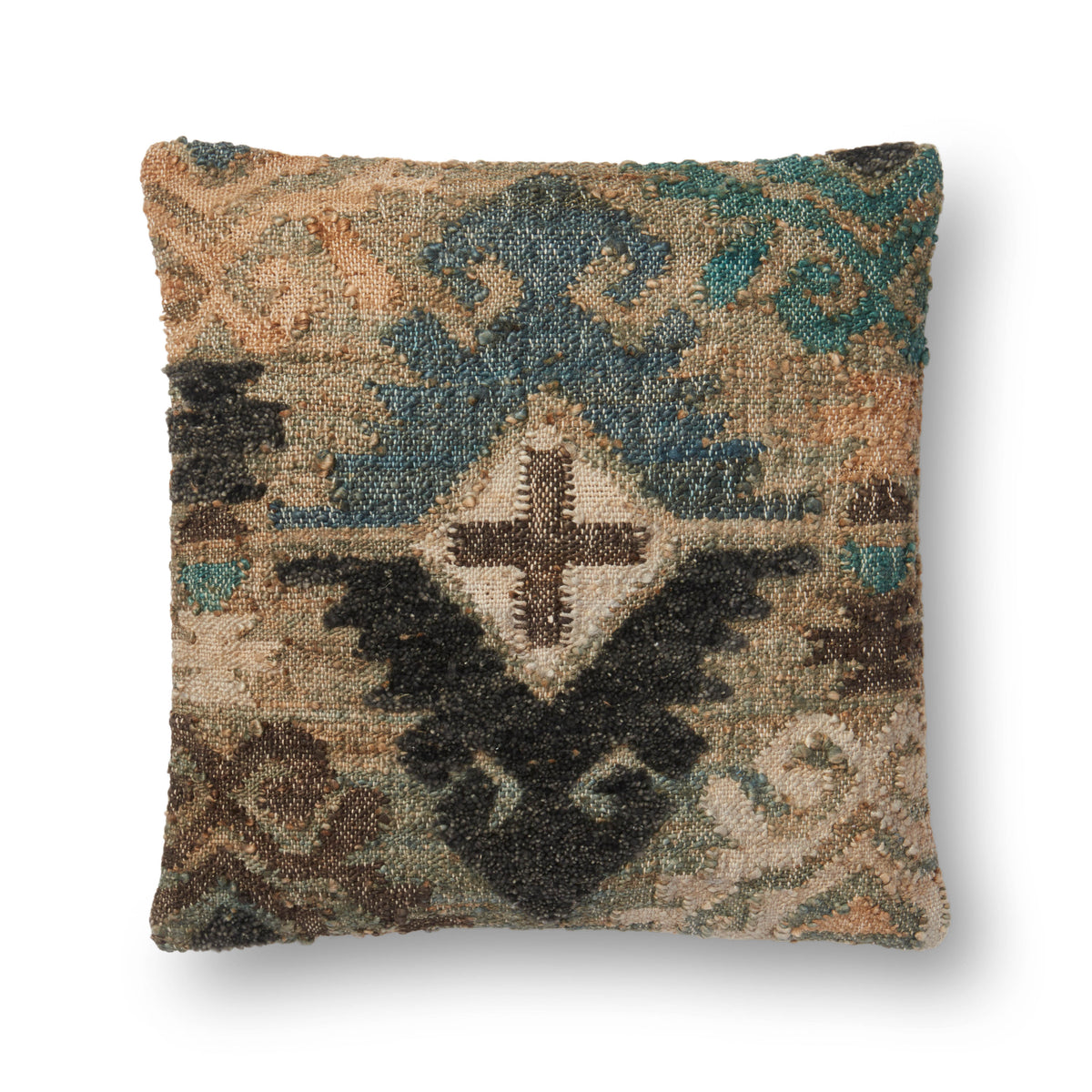 Square decorative pillow with down fill, multi-color geometric pattern front