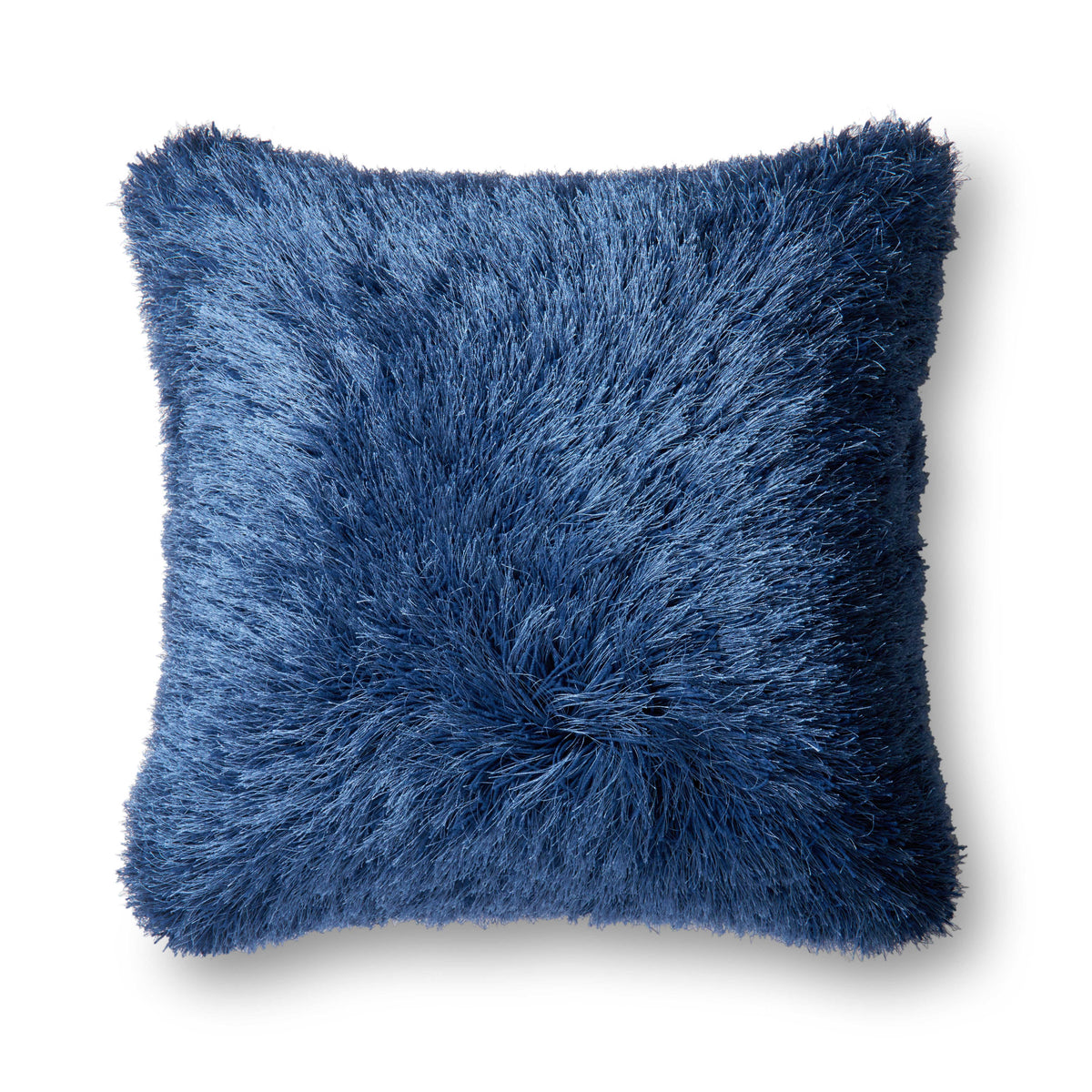Navy shag square throw pillow with plush fringed texture