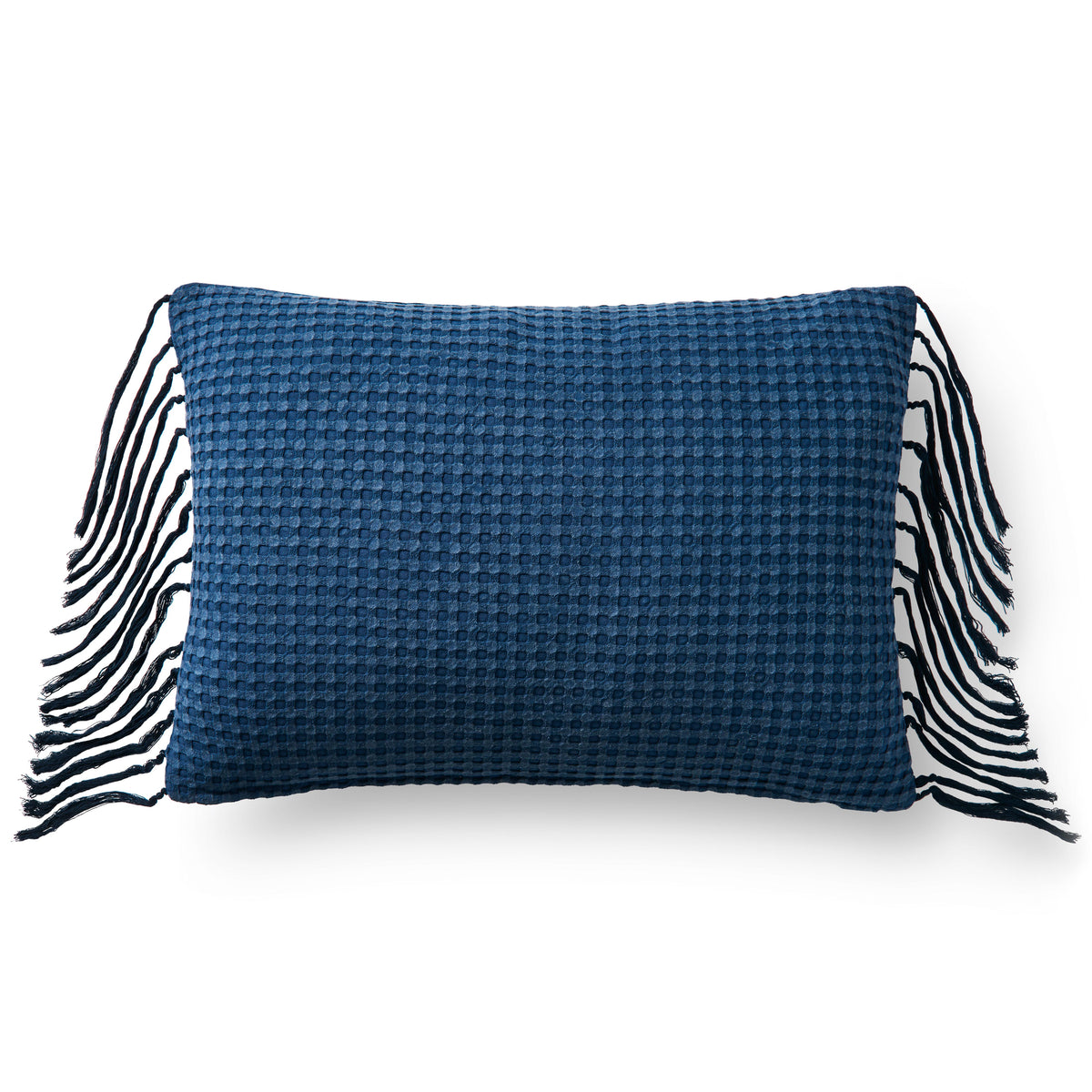 Navy woven throw pillow with down fill, rectangular with fringe tassels on both sides