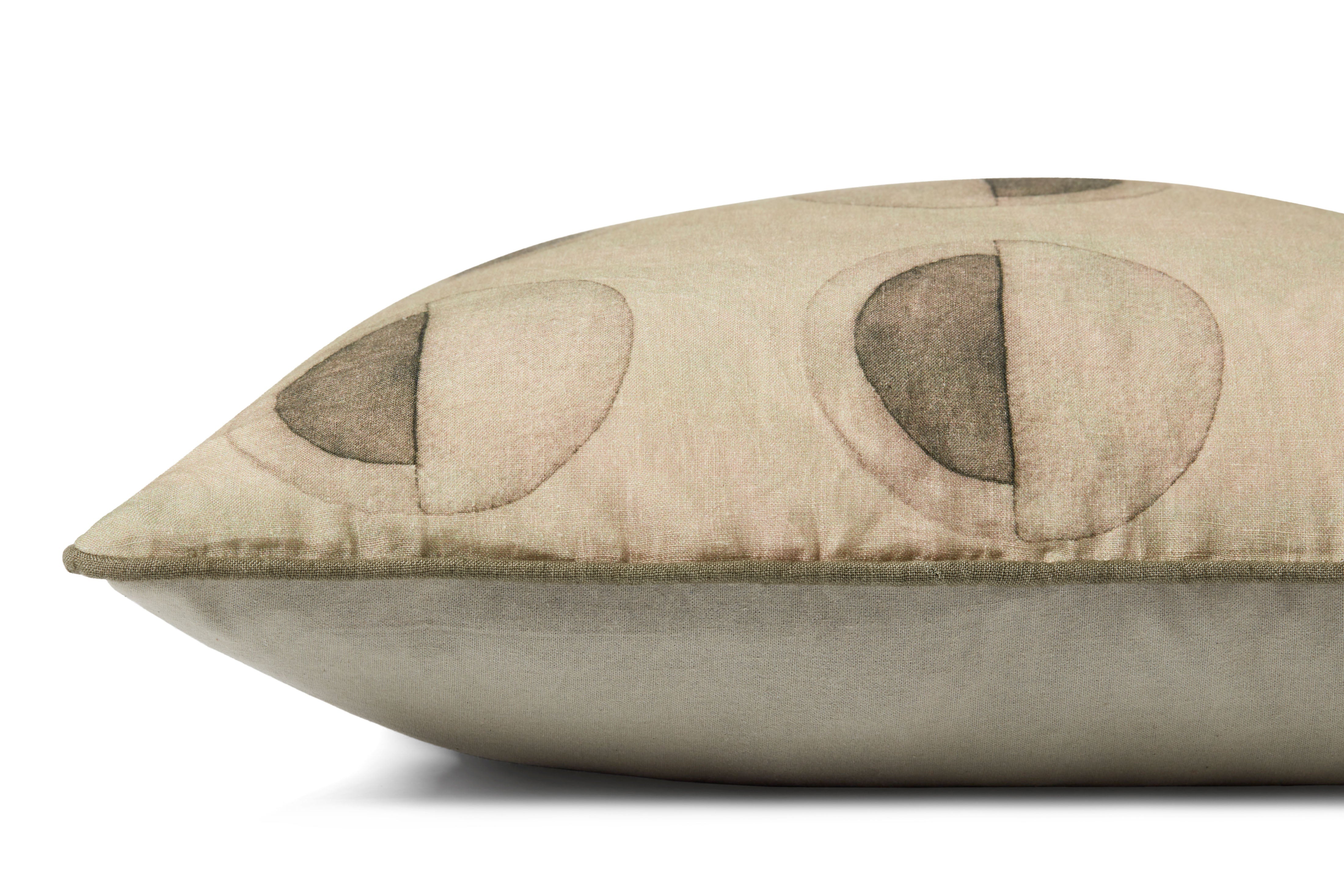 Beige down pillow with olive-green oval design, side view