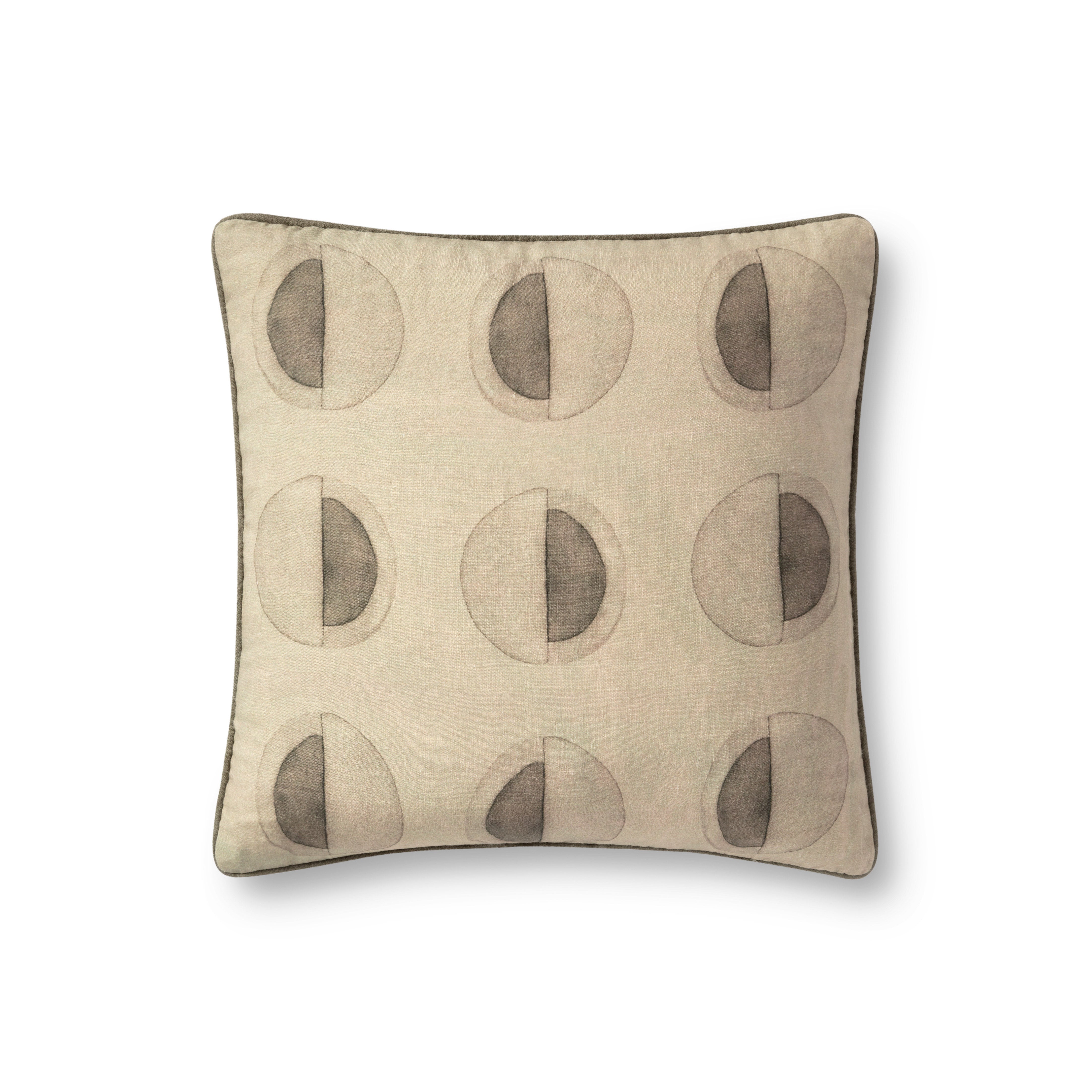 Beige square down pillow with olive-green oval patchwork pattern