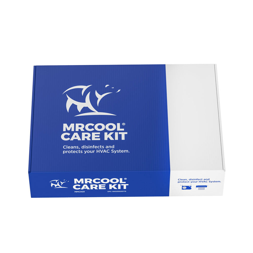 MRCOOL® mini split cleaning care kit box with blue branding and white end panel