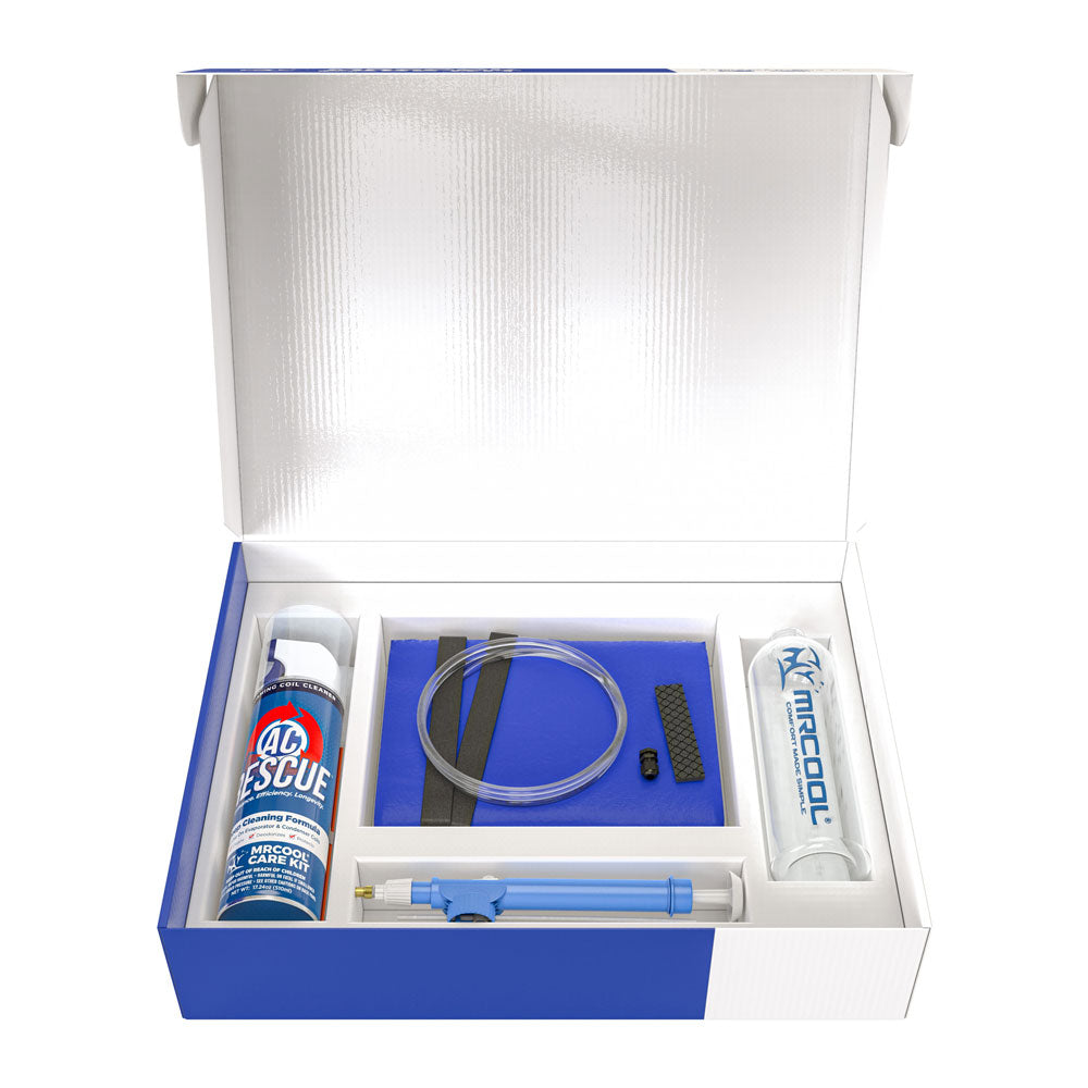 Open MRCOOL® mini split cleaning care kit case with bottles, tools, and tubing