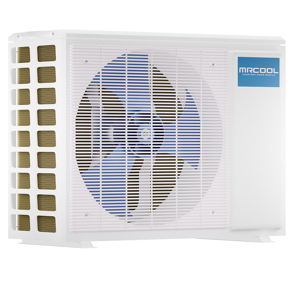White outdoor ductless mini-split heat pump unit with vented side panel and fan grille