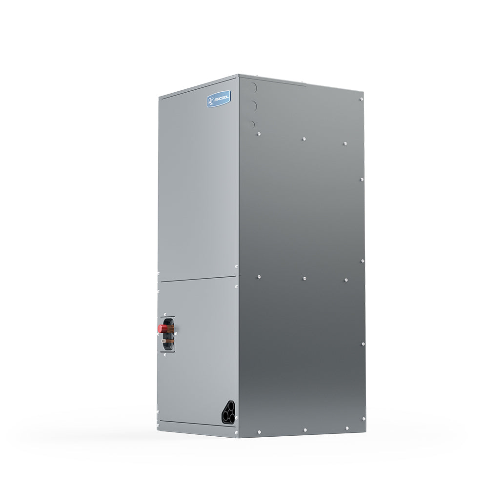 Gray HVAC air handler enclosure with side control module and bottom vent port