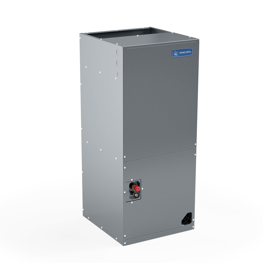 Gray HVAC air handler cabinet with access control opening and bottom vent port