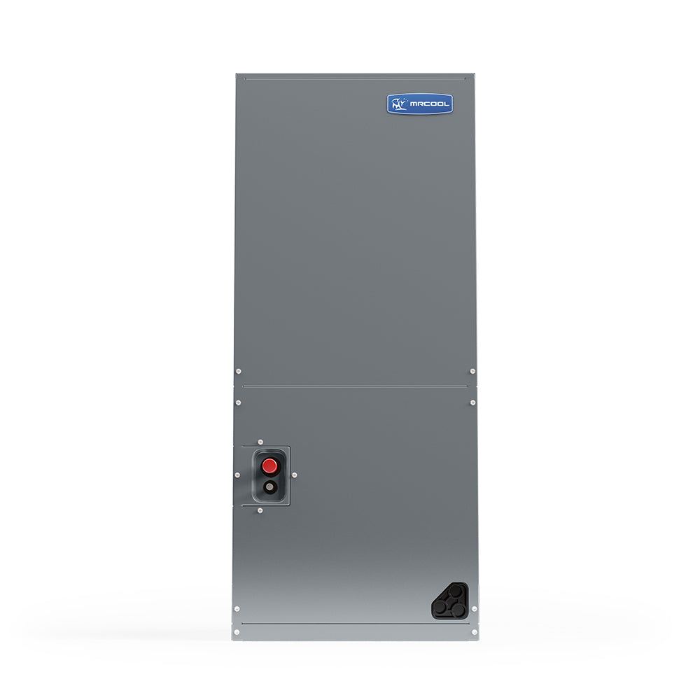Gray HVAC air handler front panel with control ports and bottom vent intake