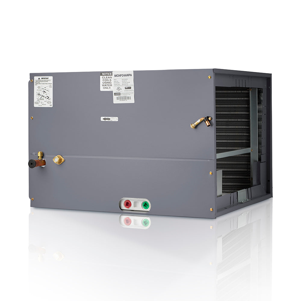 Gray horizontal cased evaporator coil unit with service valves and open access panel