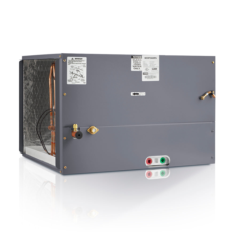 Gray cased evaporator coil with copper tubing, brass fittings, and control connection ports