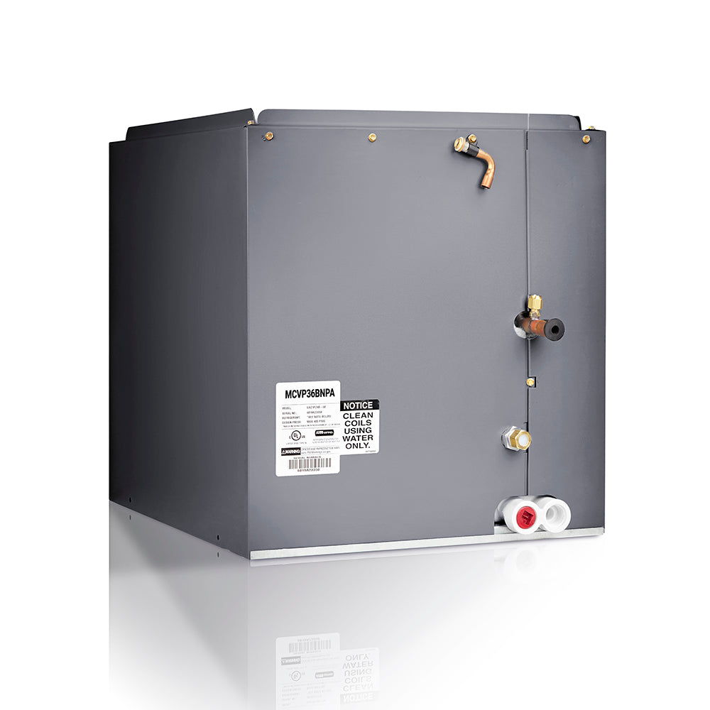 Cased evaporator coil unit with side label and multiple refrigerant service ports