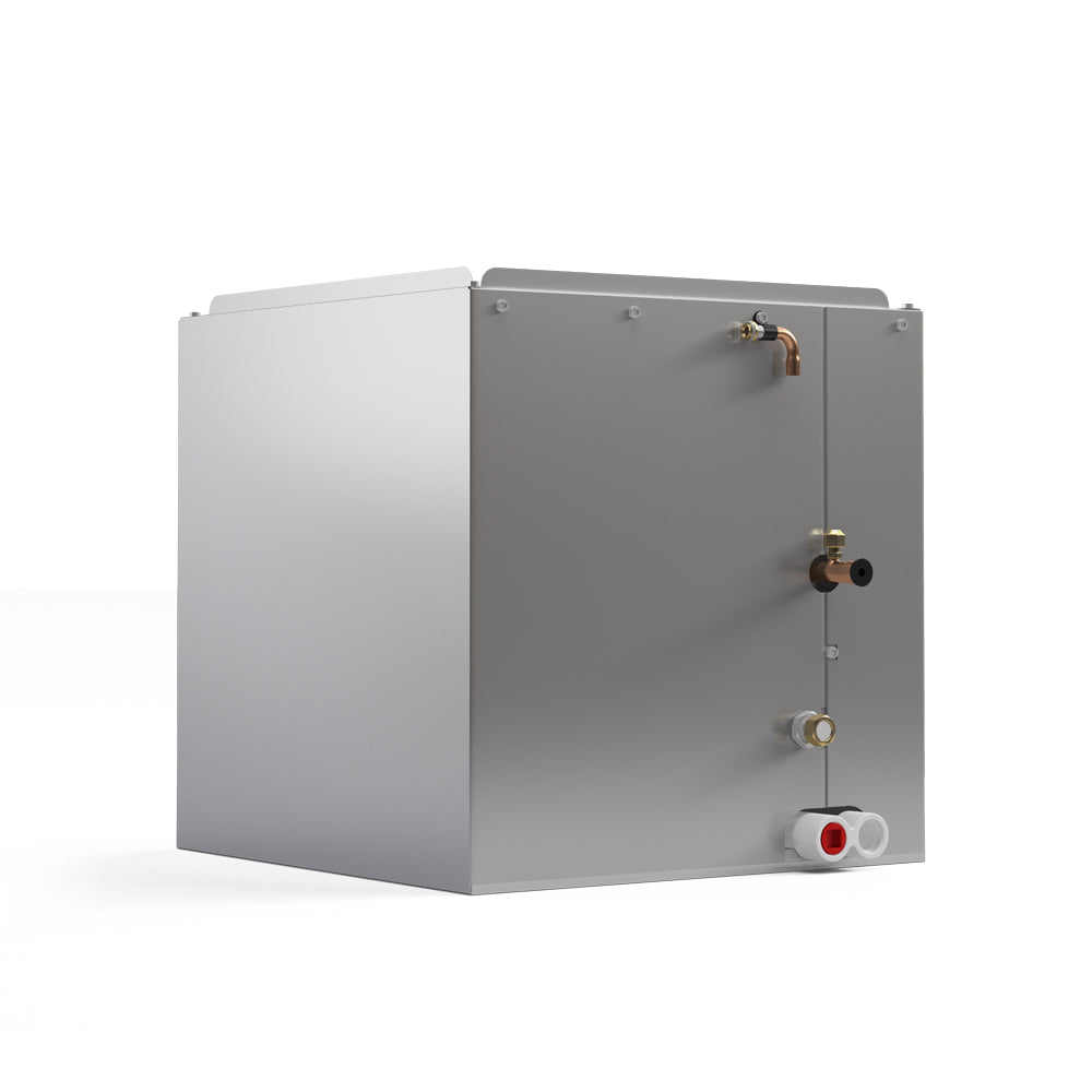 Cased upflow evaporator coil unit with service valves on the side panel