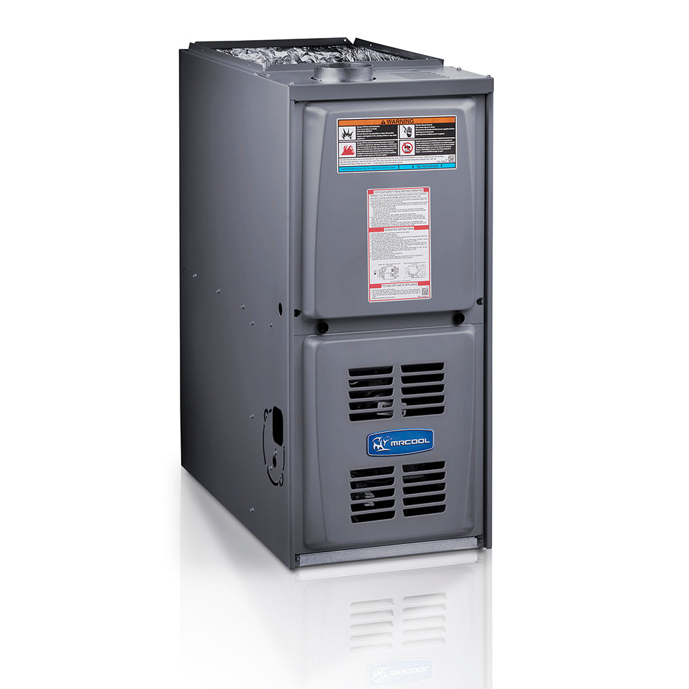 Downflow gas furnace in gray cabinet, front label panel and vent grilles