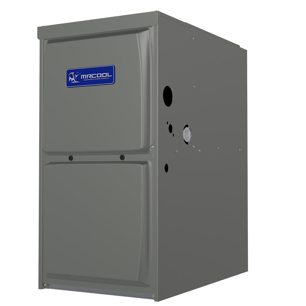 Gray gas furnace cabinet with MRCOOL logo and side access openings
