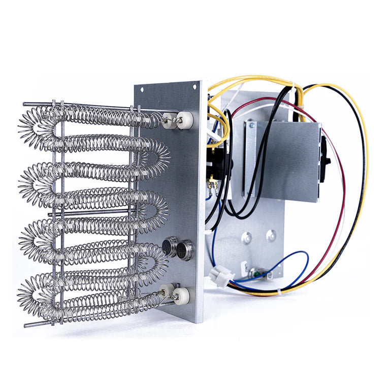 Ducted air handler heat kit with metal heating coils, control panel, and wiring harness