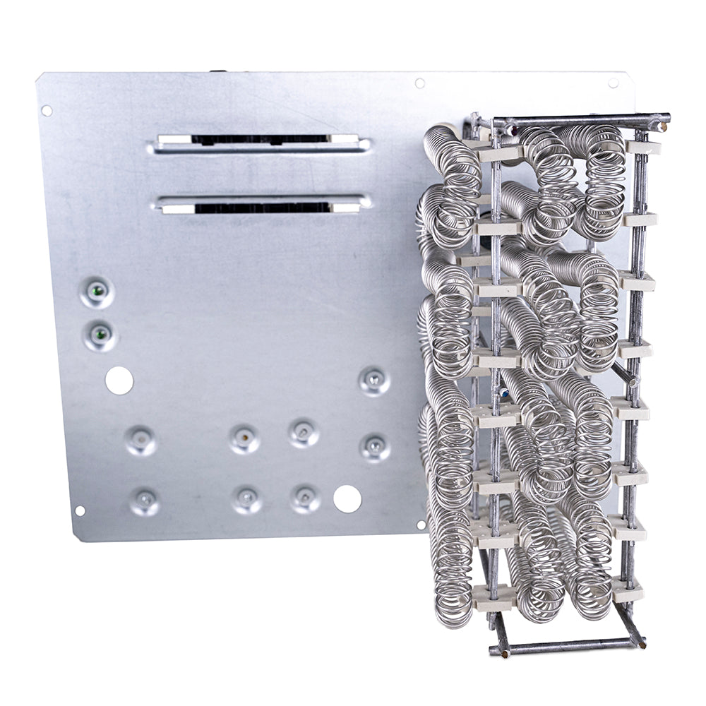 Packaged unit heat strip assembly with coiled metal tubes on mounting panel