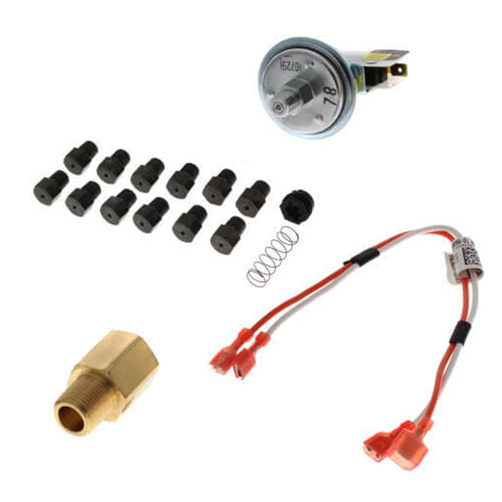 Propane conversion kit parts: pressure gauge, wiring harness, brass fittings