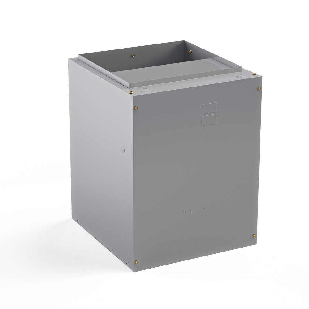 Metal HVAC blower housing with top opening, light gray body and dark gray panel side