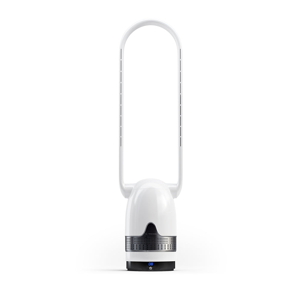 Bladeless fan and air purifier with oval base, black and white housing