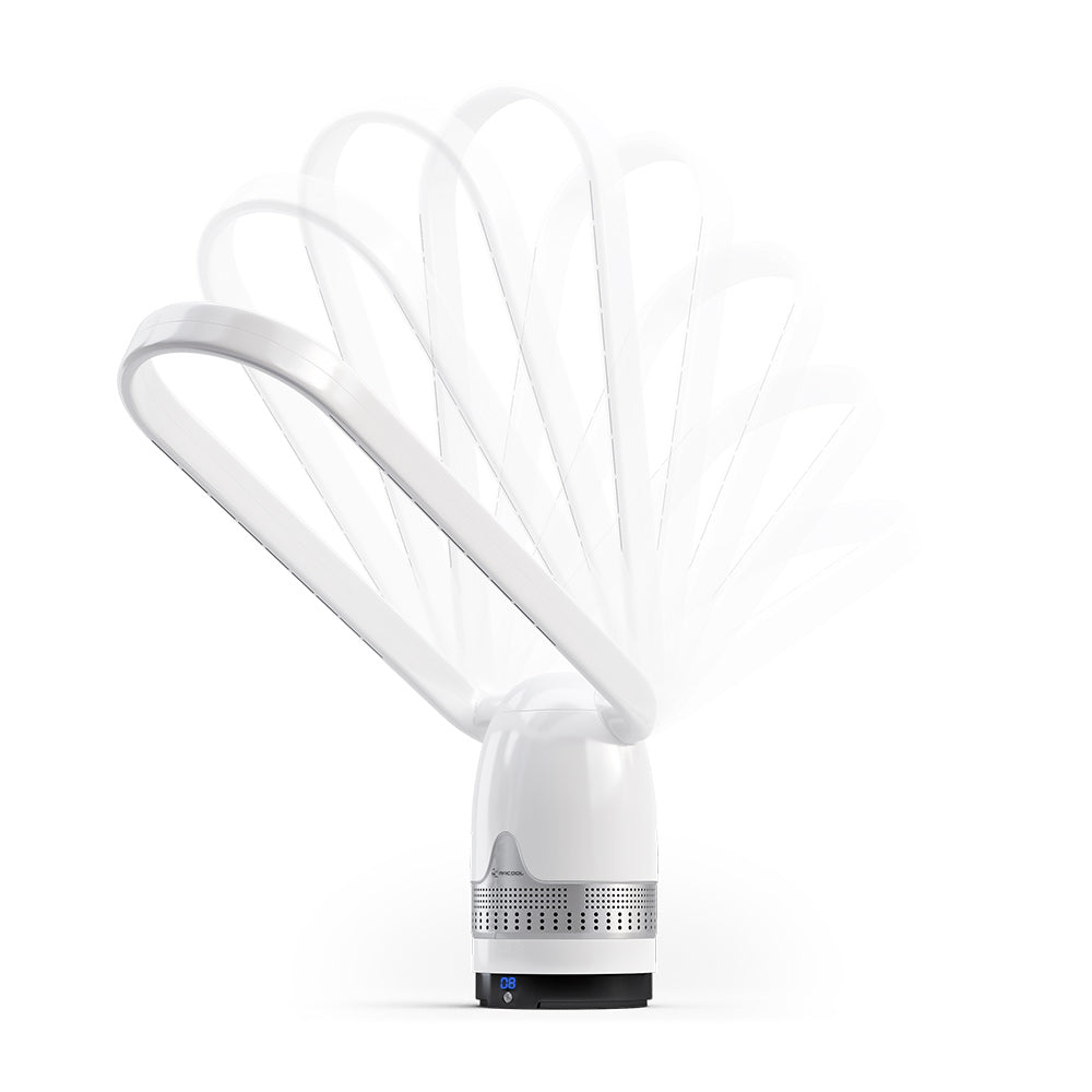 White bladeless air fan and air purifier with expanded airflow pattern around oval loop
