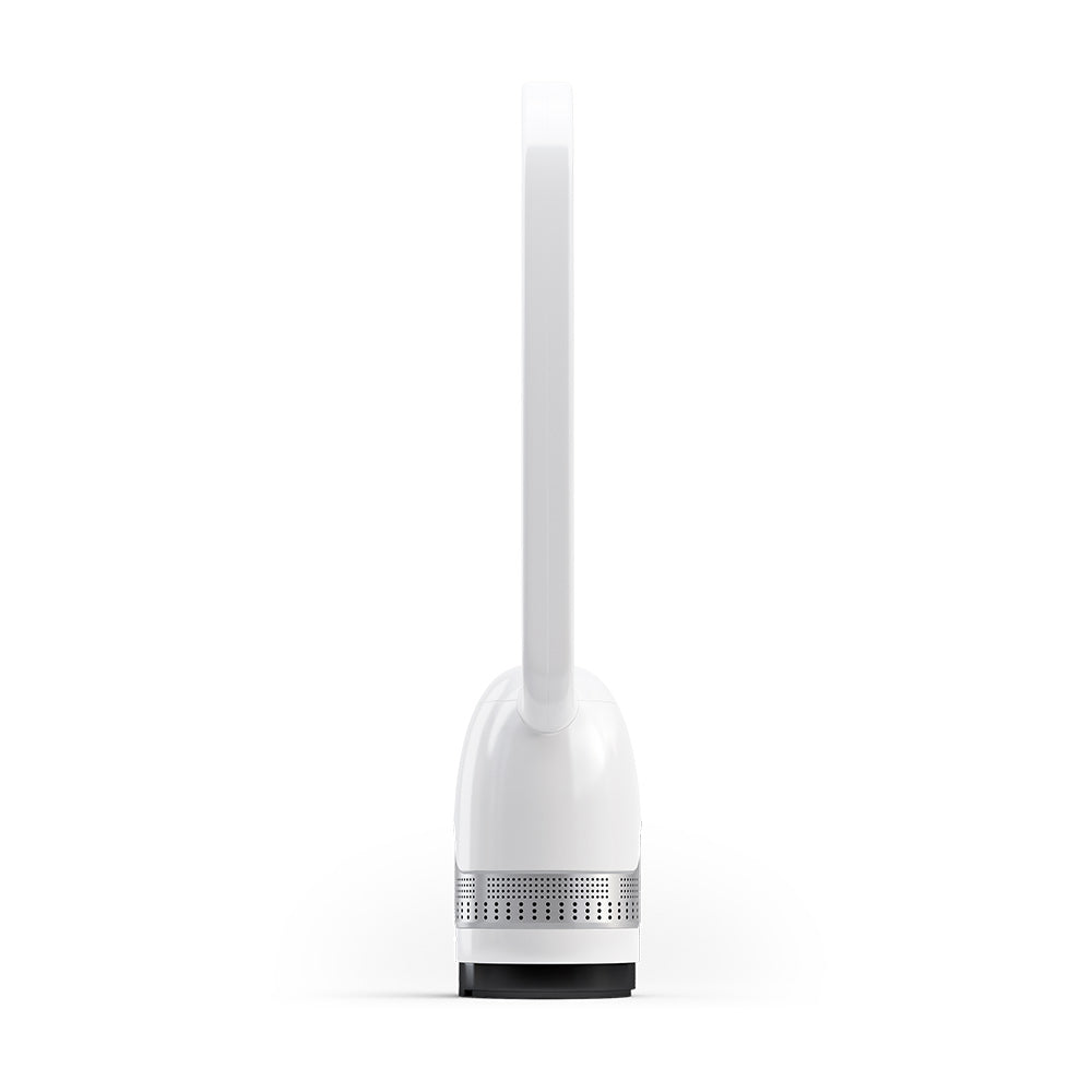 White bladeless air fan and air purifier rear view with upright tube and vented bottom base