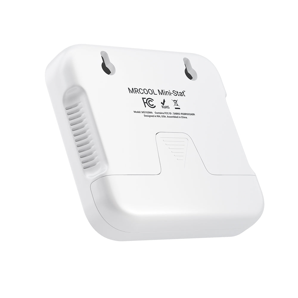 MRCOOL mini thermostat back view, white with mounting hooks and label