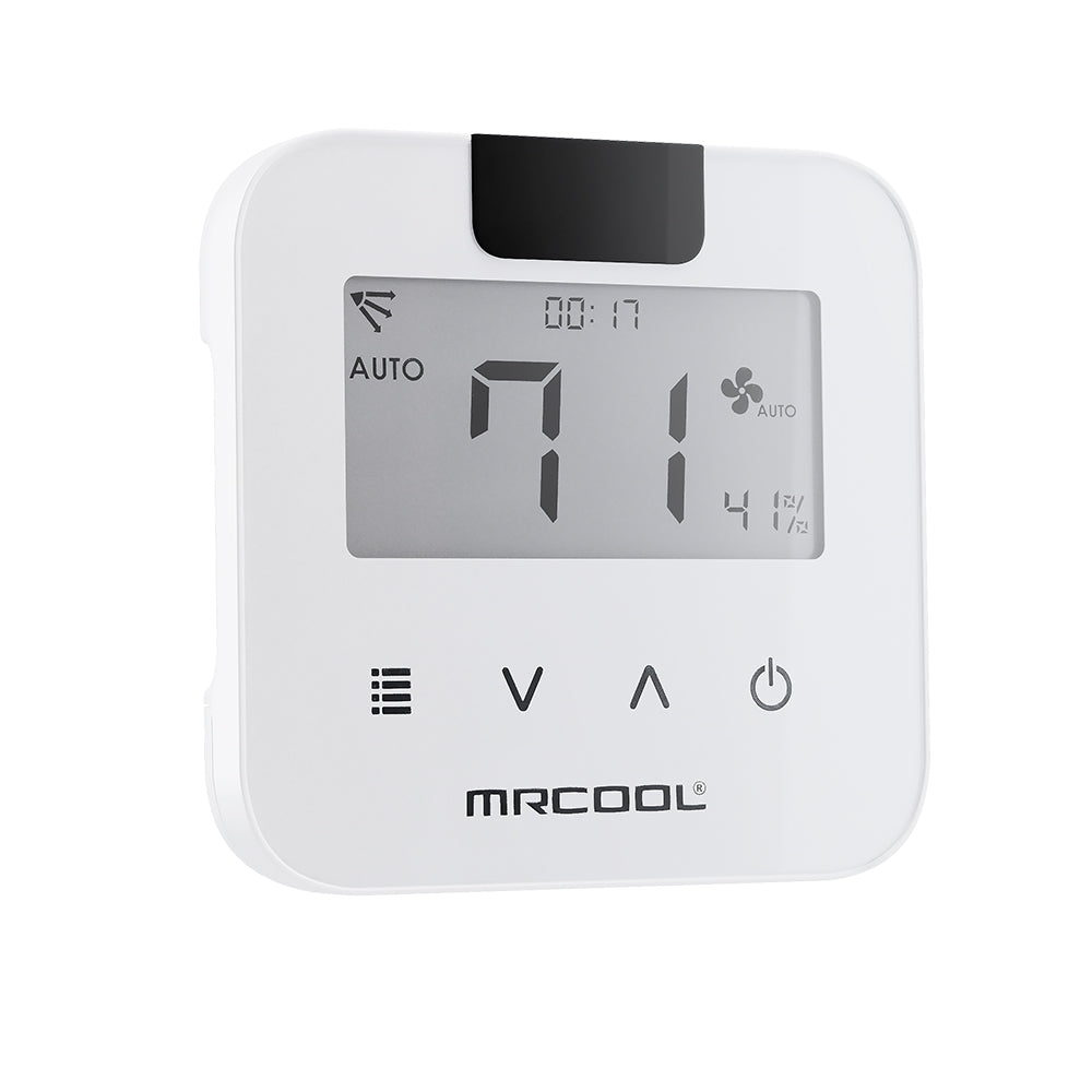 MRCOOL mini thermostat front view in white with clock and temperature icons