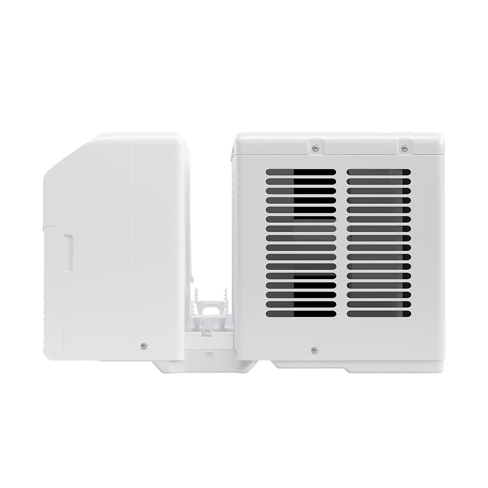 White U-shaped window air conditioner with side vents visible through the housing