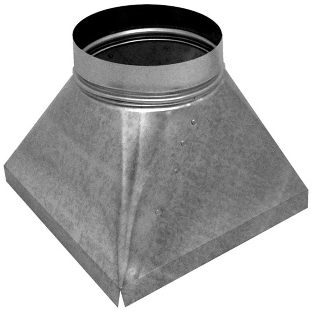 Gray metal square-to-round duct adapter with round top opening and flared square base