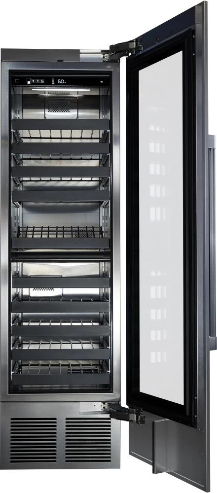 Built-in wine cooler open door revealing stacked wire racks for bottle storage