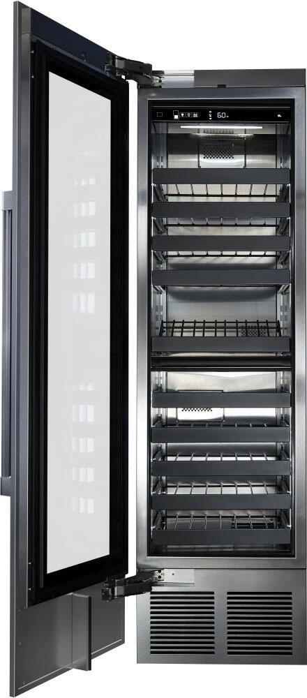 Built-in wine cooler with open door showing stacked wire shelves and cooling vents