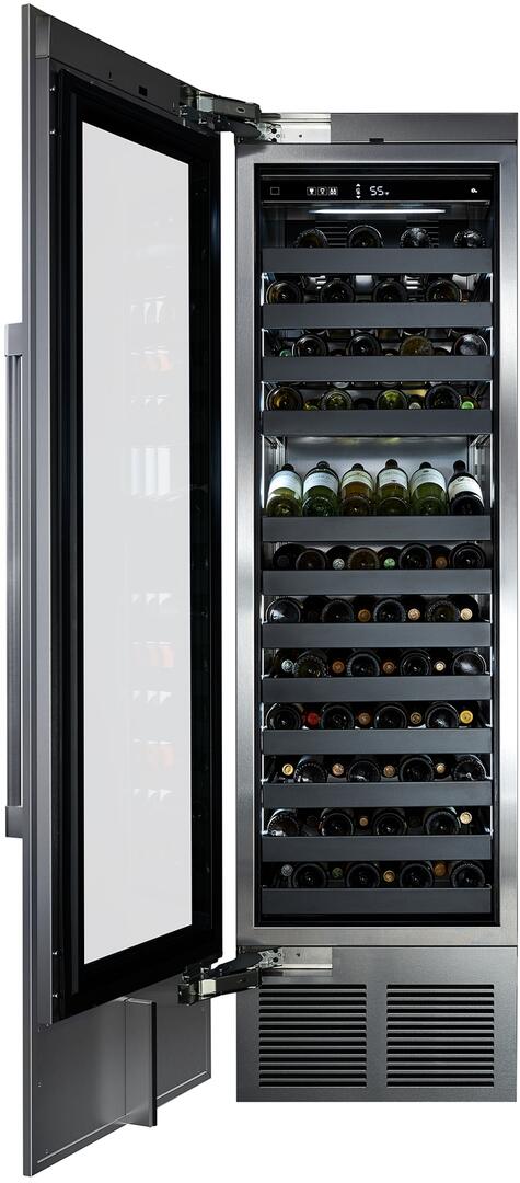 Built-in dual-zone wine cooler with open door and bottle racks, panel-ready design
