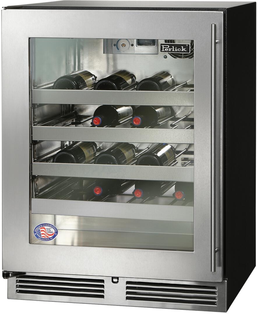 Stainless steel built-in wine cooler with glass door, front view