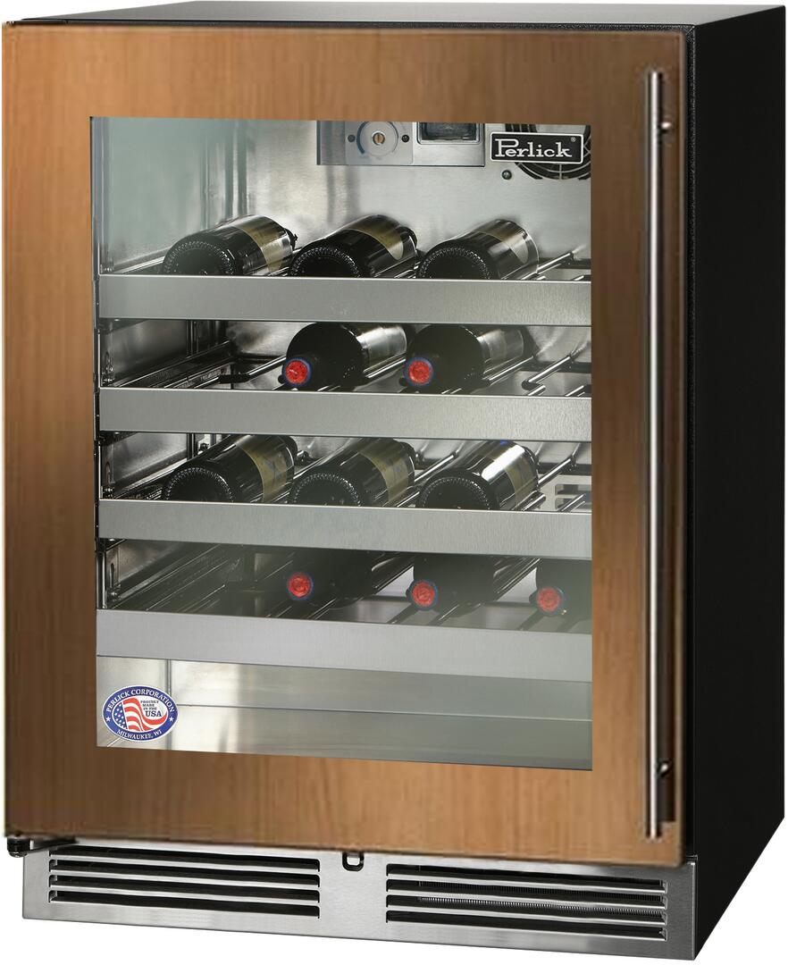 Panel-ready built-in wine cooler with glass door, stainless interior, and wood panel