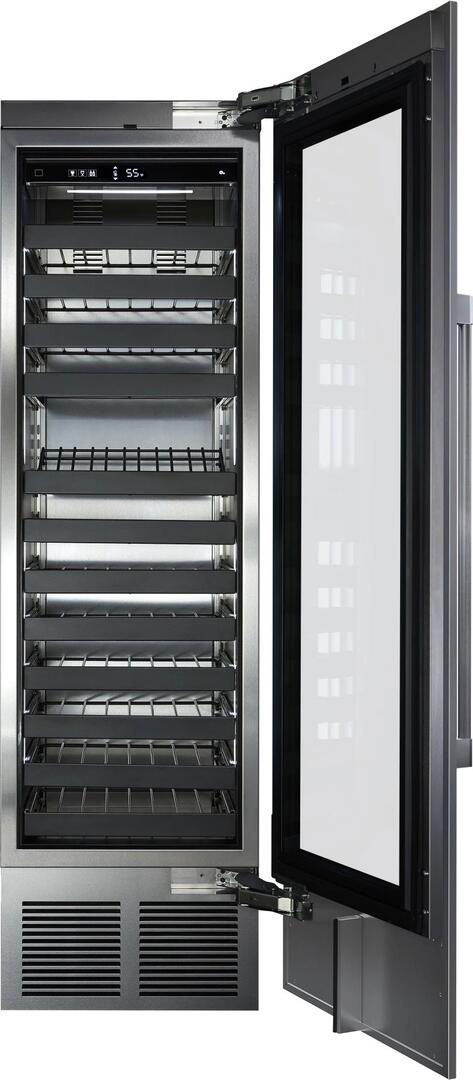 Open single-zone wine cooler with interior racks and metal shelf rails