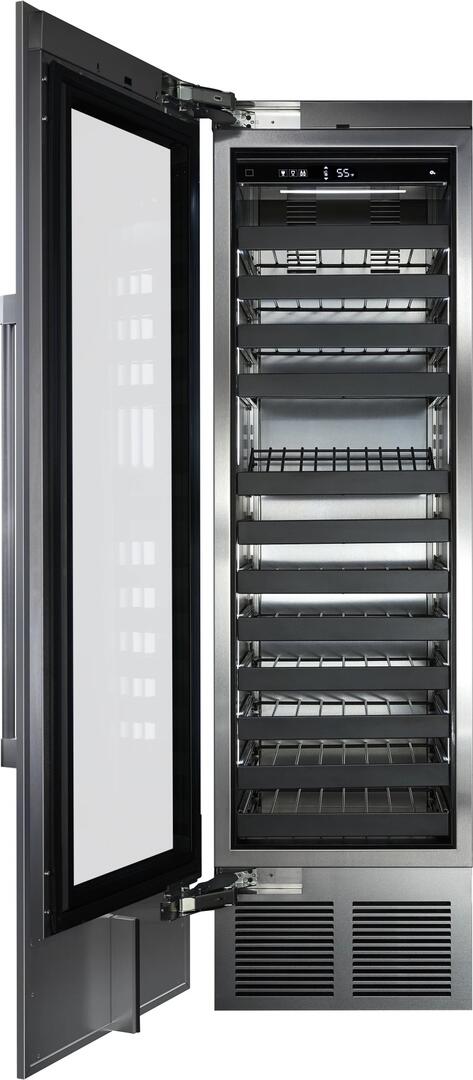 Open wine cooler door showing interior racks and adjustable bottle shelves