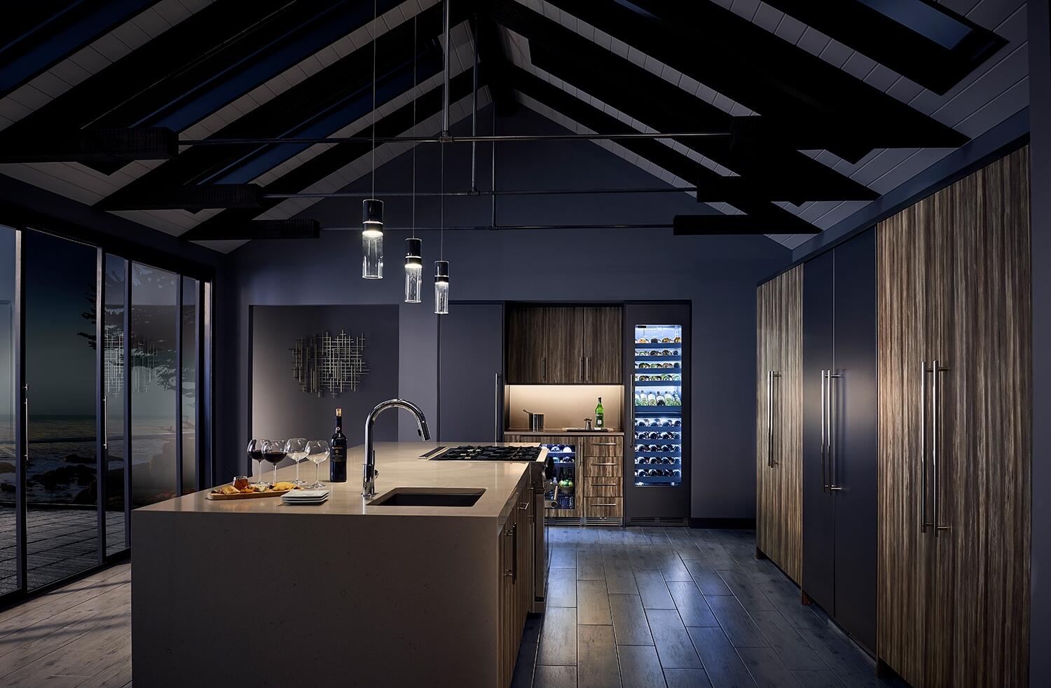 Under-counter wine cooler corner with glass-door display and illuminated bottle shelves