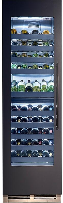 Single-zone wine cooler with glass window door, visible shelves filled with wine bottles
