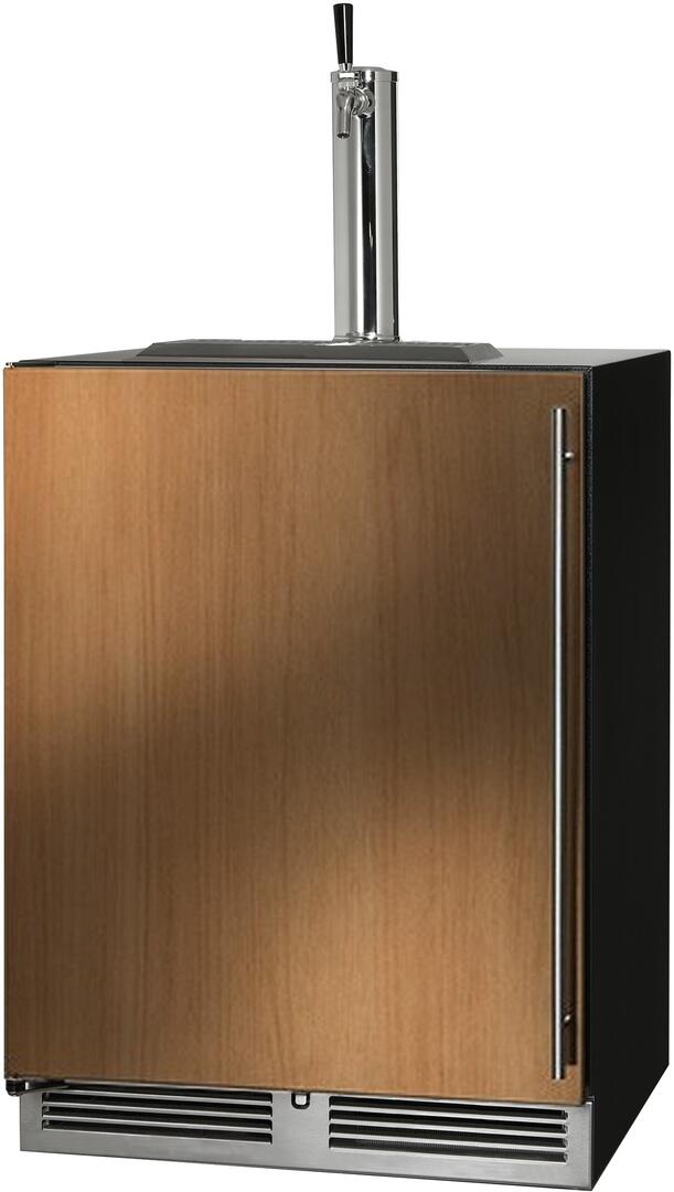 Indoor beer dispenser with wood cabinet, stainless tap tower, and front grille vents