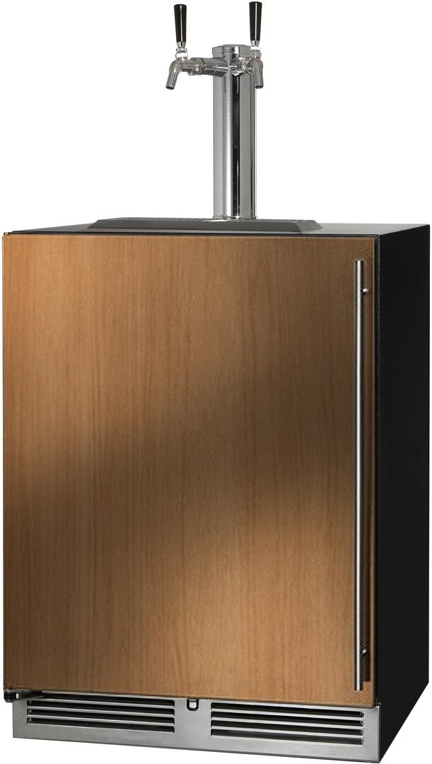 Indoor beer dispenser with wood cabinet, stainless taps, and front dispensing grille